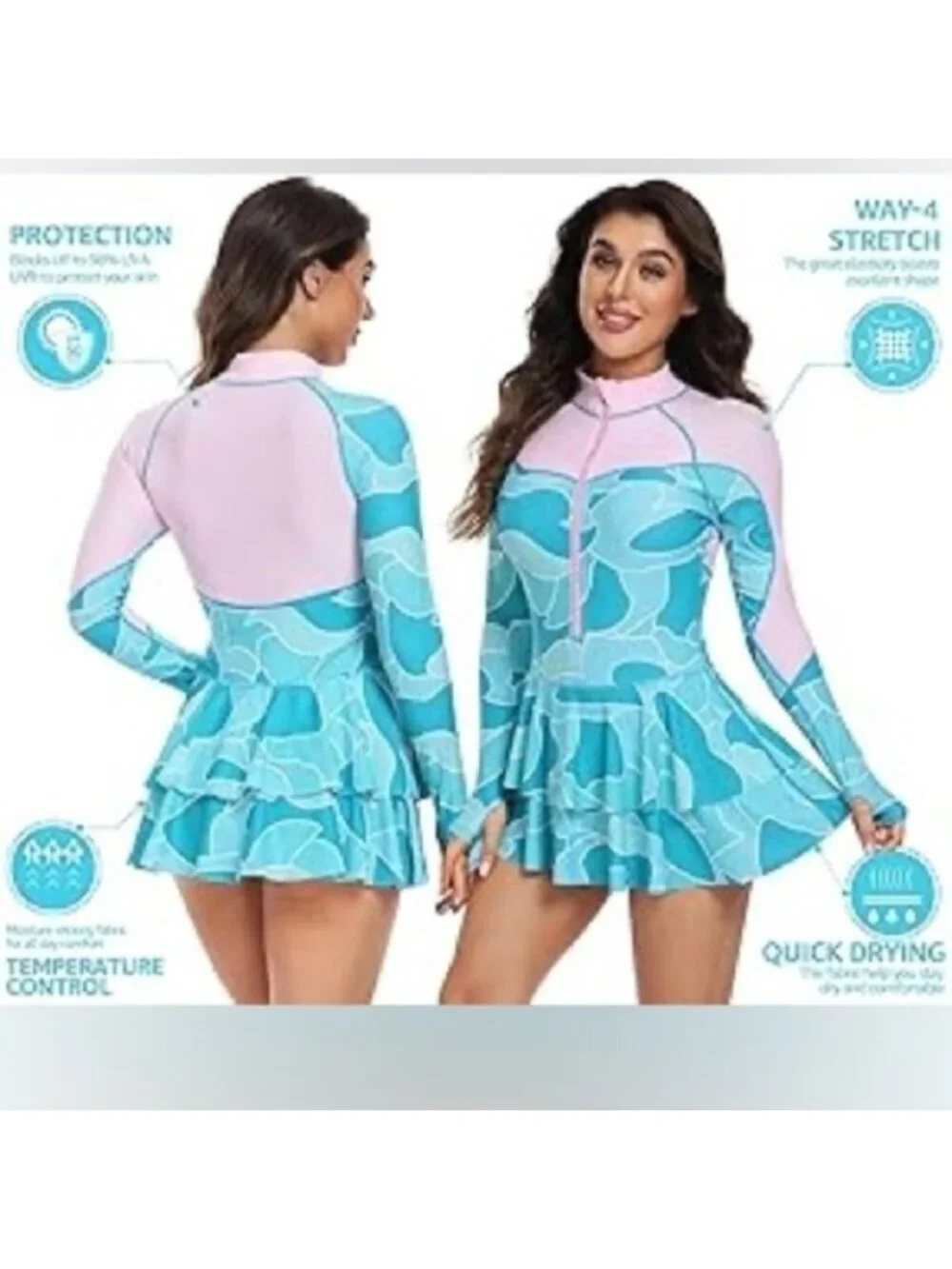 Uniquebella Rashguard Modest One Piece UV UPF50+ Long Sleeve Swim Romper Size L